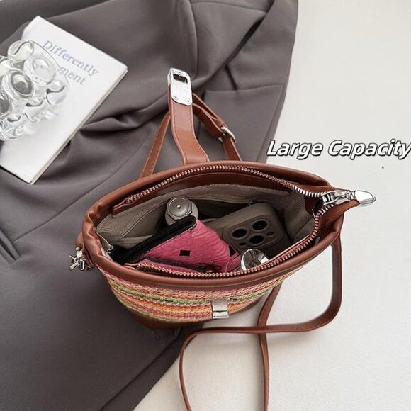 Fashion-Forward Green Contrast Color Mini Bucket Bag - Women's Straw Crossbody - Picture 4 of 9